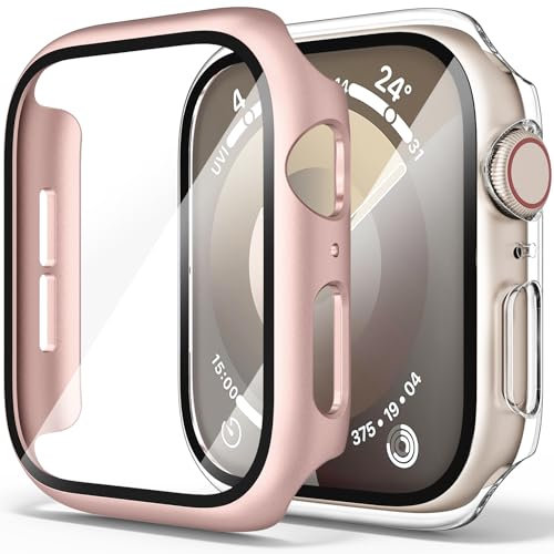 Amzpas 【2 PEZZI】 Cover per Apple Watch SE 40mm Series 6/ Series 5/ Series 4 40mm con Vetro Temperato,Copertura Completa Custodia Rigida HD Clear Pellicola Protettiva (Oro rosa+Trasparente)