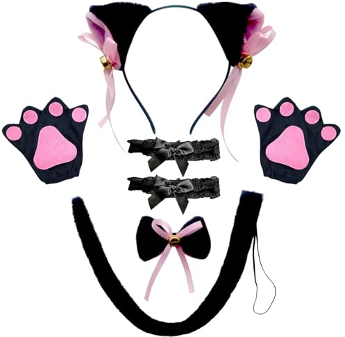 GWAWG 5-teiliges Katzenkostüm-Set, Katzenohren, Stirnband mit Glocke und Fliege, schwarze Fliege, Katzenpfoten-Handschuhe, Tierschwanz, niedlicher Beinring, Kostüm für Erwachsene, Kinder, Halloween