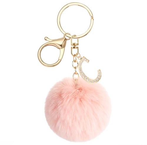 JSRQT Porte-clés Pompons Roses avec Initiales C, Porte-clés Lettres Alphabet en Métal et Strass pour Femme Fille, Pendentifs Keychain de Sac en Peluche Douce, Décoration de Sac à Main et Sac à Dos