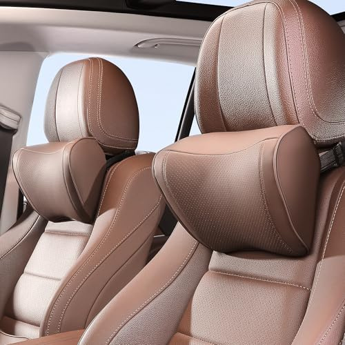 Dapucarin Cuscino Poggiatesta Auto Memory Foam in Pelle, Ergonomico Pillow Ortopedico per Collo per Cervicale, Supporto Testa Seggiolino Auto per Guida, Viaggi, Casa e Ufficio, Marrone, 2 Pezzi