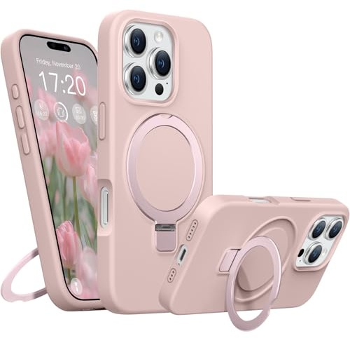 BENTIACC Liquid Silicone Magnetic Case for iPhone 16 Pro, Pink | Military Grade Shockproof Protection, Anti-Scratch Microfiber Lining Phone Case with Ring Stand, Hands-free for Video Work