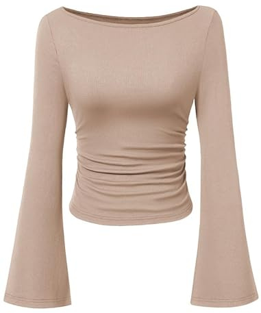 Sukiglam Langarmshirt Damen Elegant Bootsausschnitt Strickoberteile mit Glockenärmeln Eng Y2K Top Basic Casual Pullover Slim Fit Longsleeve T Shirt Einfarbig Langarm Unterziehshirts Herbst Oberteile