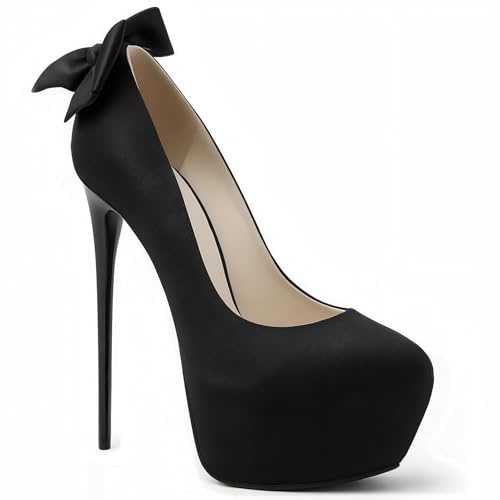 Escarpins Plateforme à Talon Haut Aiguille 17 cm – Chaussures Sexy Pour Soirée (Noir avec ruban, 45)