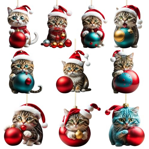 DVOFU 10Pieces Christmas Cat Ornament Acrylic 2D Pendant Cute Xmas Tree Decorations Funny Cat Seasonal Décor for Cat Lovers