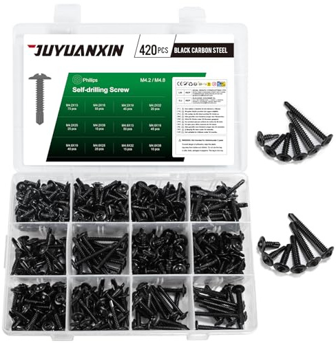420 Pcs Self Tapping Screws Metal, M4.2 M4.8 Wafer Head Self Drilling Screws for Metal, Black Phillips Sheet Metal Screw Set, Black Screw for Wood Plastic Drywall Metalwork