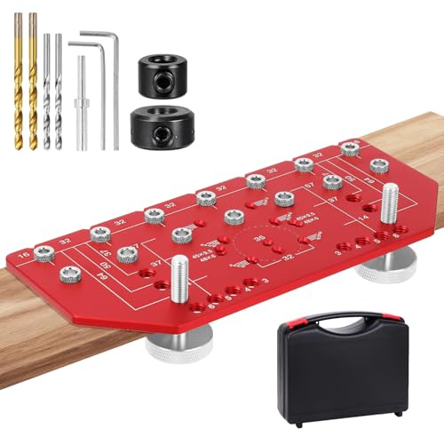 Shelf Pin Jig and Hinge Jig 2-in-1, Aluminium Cabinet Drilling Template | 5mm and 4/1 Inch Drill Bits, Self-Clamping Design, Carry Case for Shelving Holes and 35mm Cabinet Hinge Installation