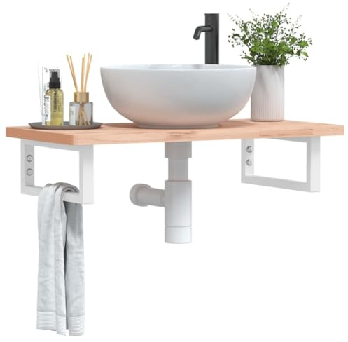 Owoxanthellate Wand-Waschtischplatte 80x40 cm aus massivem Buchenholz mit weißem Stahlgestell Modern & Langlebig Handtuchbügel integriert platzsparende Lösung für Gäste-WC und kleine Bäder