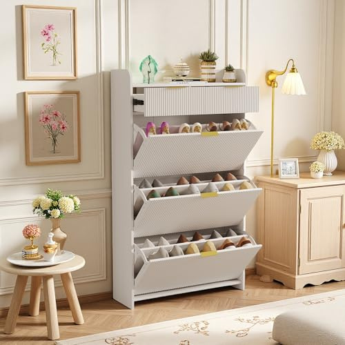 LieABak Schuhschrank mit 3 Klappen,Schuhkipper Schmal mit 2 Schublade, Schuhregal Eingangsbereich Schuhregal mit Trennwand, Schuhkommode für Flur Wohnzimmer, 77x24x133cm (Weiß)
