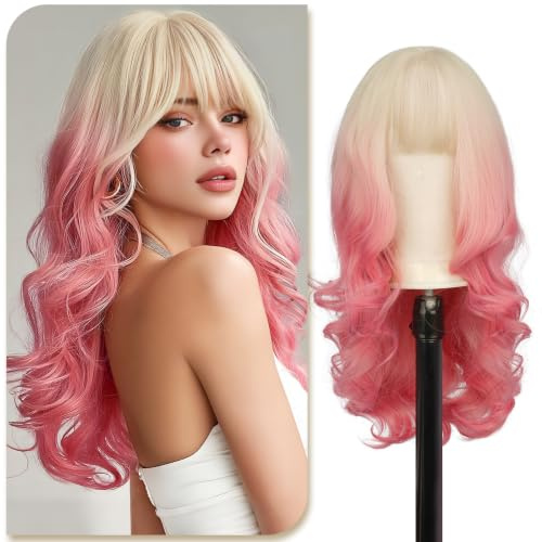 Sofeiyan Parrucca Lunga Riccia,60 cm Biondo Rosa con Sfumature Parrucca Ondulata Donna con Frangia,Sintetica Resistente al Calore per le Donne con Capelli Radi Indossare Tutti i Giorni Feste