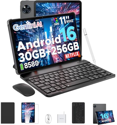 U11 Pro Android 16 AI Tablet with Gemini, 30GB+ 256GB(2TB TF), 11 Inch 90Hz IPS, 8580mAh Octa-Core, Widevine L1/5G WiFi/ GPS/ Face Unlock – Keyboard, Pen, Mouse & Case Included, Ideal for Gaming&Study