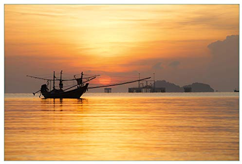 Wallario Küchenrückwand selbstklebend 90 x 60 cm, Motiv: Thailändisches Fischerboot vor Sonnenuntergang | Spritzschutz abwischbar & pflegeleicht
