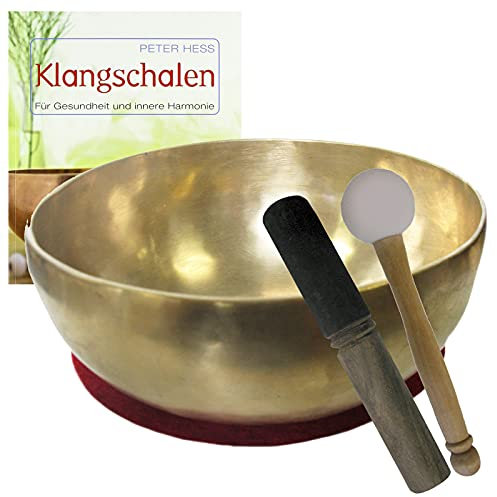 Klangschale KEHLKOPFSCHALE Therapie-Qualität 4-teiliges Klangmassage-Set + BUCH von Peter Hess. Therapieklangschale ca. 700-800g ca. 15-16 cm mit Kissen, Holz-Leder-Klöppel. 70055