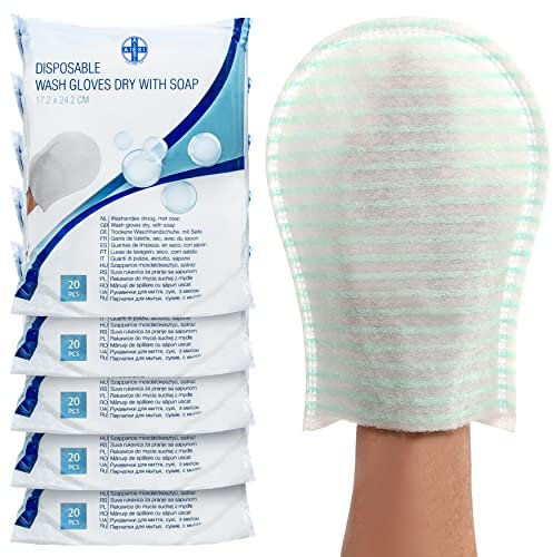 AIESI® Gants de toilette jetables avec savon haute qualité imperméable avec éponge douce (Paquet de 100 pièces), Délicatement parfumé, Sans rinçage