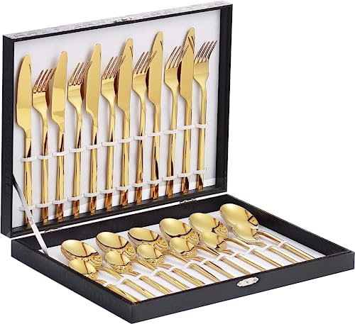 Velaze 48-teiliges Besteckset aus Edelstahl, hochglanzpoliert, hochwertig und vielseitig einsetzbar für Haushalt, Küche, Restaurant, mit Geschenkbox für 12 Personen (Gold)