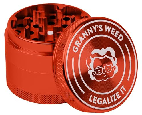 Granny‘s® Premium Aluminium Grinder | messerscharfes Mahlwerk | 4-teilig | inkl. Pollenschieber | Kräutermühle in Karmesinrot u. weiteren edlen Designs | ∅ 5,5 cm