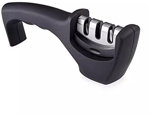 Royal Cuisine Stainless Steel Easy to Use Knife Sharpener, 3 Sharpening Options to Help Polish, Sharpen and Repair Kitchen Knives, Restore Dull Blades, Slip Resistant Handle,Jet Black