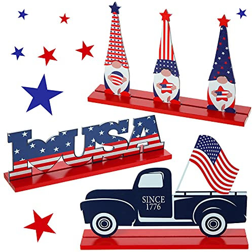 3 Stück 4. Juli USA Tischdekoration Patriotisch Rustikal Holz Zwerg USA Buchstaben Blöcke Tischplatte Amerikanische Flagge Deko Schild für Unabhängigkeit Tag Home Dekoration Urlaub