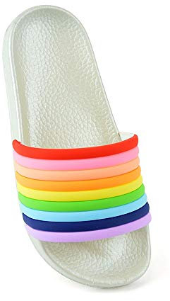 Thingimijigs Girls Rainbow Striped Pool Sliders Beach Sandals Flip Flops - Silver UK Child 10