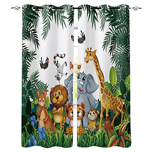 SDSONIU Tropische Dschungel-Cartoon-Tier-Giraffenlöwe Lion Elefant Vorhang für Kinder Schlafzimmer Wohnzimmer Kindervorhänge Blickdichte Gardinen Verdunkelungsvorhang 140 x 160 cm