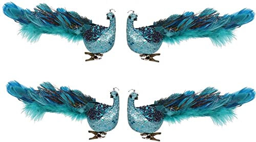 11 Blauer Pfau Weihnachtsschmuck mit Clip, Geschlossener Schwanzfedervogel mit Glitzer, Deko-Set für Weihnachtsbaum (4Pack)