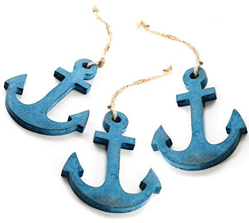 Logbuch-Verlag 3 Anker Anhänger blau 12 cm aus Holz - Holzanker als Maritime Deko - Fischernetz Badezimmer dekorieren