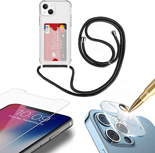 Eximmobile - Hülle mit Band und Kartenfach in Schwarz kompatibel mit Apple iPhone 13 Mini + Panzerfolie + Kamera-Schutzglas Handykette Handy Schutzhülle Umhängen HKKF Case Kordel