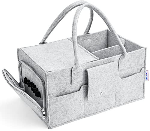 Maliton Windel-Caddy, Baby Essentials für Neugeborene Windeltasche mit Deckel, stabile tragbare waschbare Babyablage mit abnehmbaren Fächern, Babyparty-Geschenke für Mama, Windel-Organizer, Grau