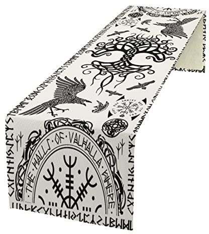 kikomia Baumwolle Leinen Tischläufer Rechteckige Wikinger Rabe Baum des Lebens Tischdecke für Hochzeit Urlaub Heimdekoration Wikinger Dekorativ Abdeckung Tischplatte (33×91cm, White)