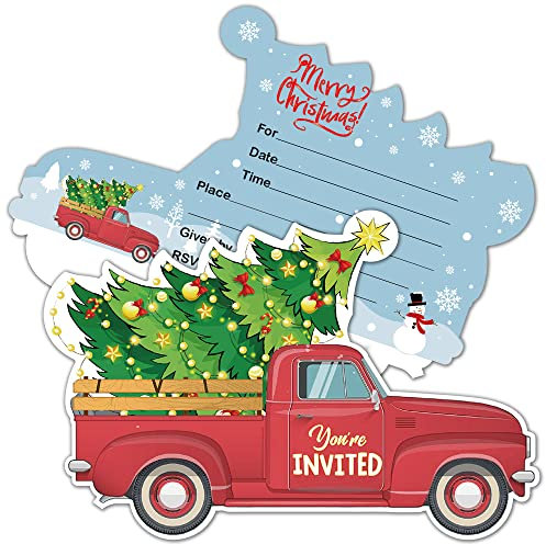 RZHV 15 Stück Frohe Weihnachten Geformte Fill-In Party Einladungskarten mit Umschlägen, Vintage Roter LKW mit Baum, Lustige Weihnachtsfeier Einladungen Karten für Jungen Mädchen Erwachsene