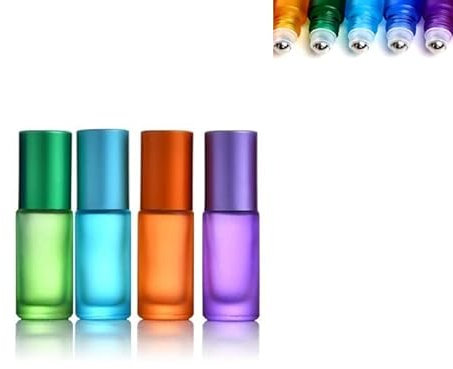 Roll on Huiles Essentielles,Bouteilles d'huiles Essentielles ,4pcs 5ml Flacons Roll-on En Verre Pour Huiles Essentielles,Orange, Bleu Clair, Violet, Vert,Pour Huiles Essentielles/Massage/Flacons