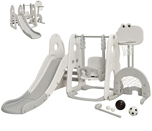 GOPLUS Ensemble Toboggan et Balançoire 6 en 1, avec Panier de Basket Hauteur Réglable&Football&Golf, Motif de Dinosaure,pour 3-8 Ans, Escalade Aire de Jeu Intérieur & Extérieur (Dinosaure Blanc)
