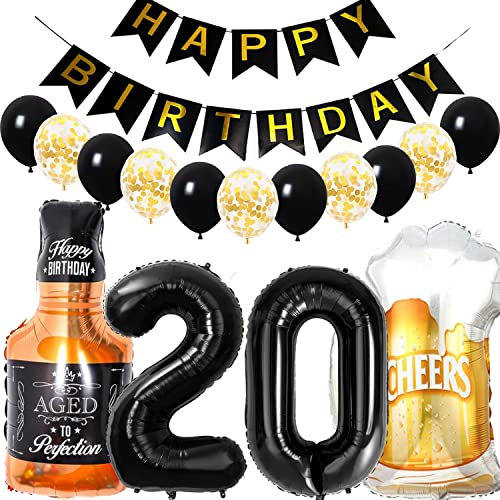 Conruich Geburtstagsdeko 20 Jahre Mann Frau, Luftballon 20. Geburtstag Deko Mann, Folienballon Zahl 20 Schwarz, Helium Ballon Whiskey Bierglas für 20. Geburtstag Manner Party Dekoration
