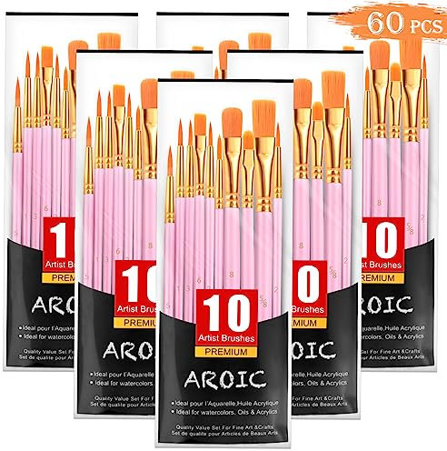 AROIC Lot de 6/60 pinceaux de peinture acrylique en nylon pour peinture à l'huile et aquarelle - Kit professionnel (rose)