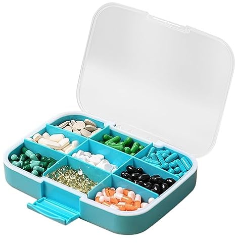 Tablettenbox, 9 Fächer Pillendose, Pillenbehälter & Reise Pillenorganisator, Extra Großer und Wasserdichte Medikamentenbox, für Reise & Täglichen Gebrauch, 19,5 x 14,5 x 3,9 cm