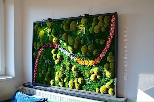 MossPerfect Sommergrüne Wanddekoration – Moosbild aus Getrocknetem Moos mit Led-Beleuchtung – Mooswand Lebend – Moosbilder mit Rahmen – Moos Deko Bild Wand – 152x106x4cm