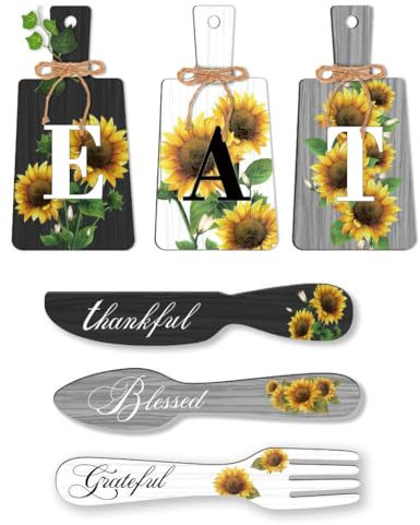 PH Pandahall 6pz Cartello In Legno con Decorazioni Da Parete per Cucina con Girasole, Cartello per Mangiare, Forchetta, Cucchiaio, Decorazione Da Parete, Targhe Da Appendere, Cartello per Tagliere