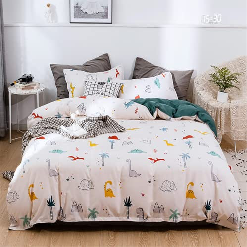 Koudi Dino Bettwäsche 140x200cm 2Teilig Jungen Mädchen Bettwäsche Cartoon Dinosaurier Muster Wendebettwäsche 100% Mikrofaser Kinder Bettbezug mit Kissenbezug 70x90 cm