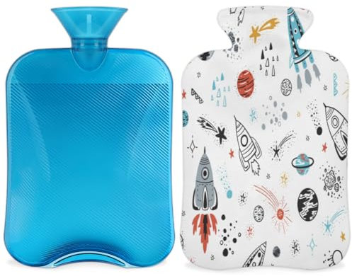 Space Rockets Hot Water Bottle with Soft Cover 2L Hot Water Bag for Hot and Cold Compress, Hand Feet and Bed Warmer, Menstrual Cramps, Neck and Shoulder Pain Relief