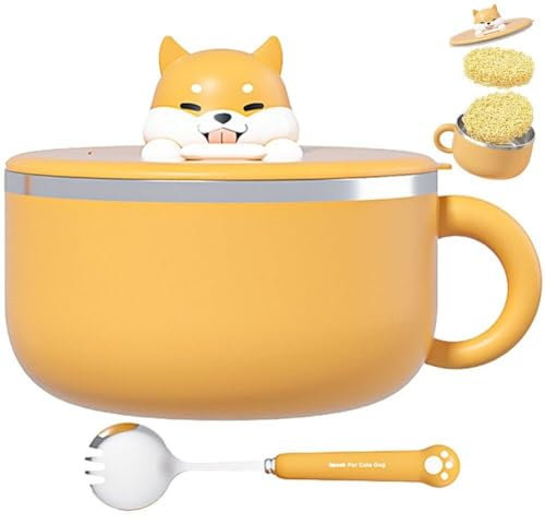 AMOYER Cute Dog Ramen Bowl Stainless Steel Instant Noodle Bowl with Lid and Spork Speedy Ramen Cooker Soup Bowls for Home Dorm 1200 ml