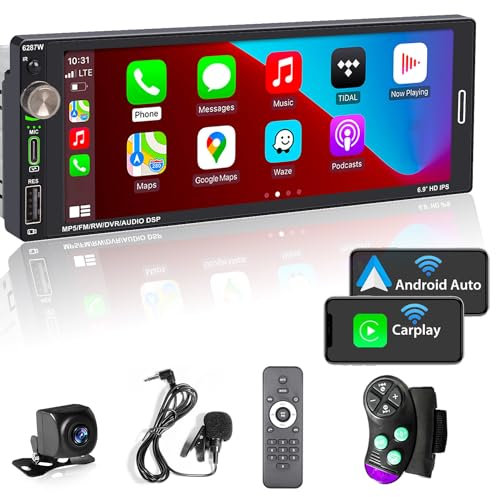 [Wireless] Alondy Single Din Car Stereo with 6.9 Touchscreen Compatible with Apple CarPlay/Android Auto Bluetooth AM/FM/RDS Radio Type-C USB 2.1A Fast Charge Rear View Camera