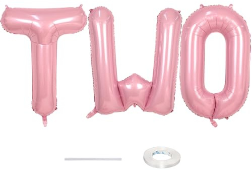 40 Inch Pastel Pink TWO Letter Balloons, Light Pink TWO Balloon Letters with Ribbon, Pearl Pink Alphabet TWO Balloon for Kid Girls 2 Year Old Birthday Second 2nd Anniversary Party Decorations