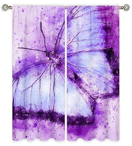 Curtain Lila Schmetterling Blackout Curtain Weich Vorhang mit ösen Waschbar Gardinen Wohnzimmer Blackout Vorhang Curtains Living Room Scheibengardinen Verdunklungsvorhänge Vorhänge 2x140x160cm