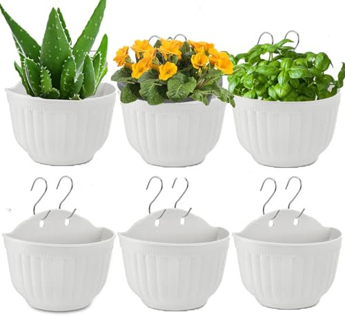 Aeetial 6 Packs Creative Half Round Wall Hanging Planters,Plastic Hanging Flower Pots for Railing Fence - Indoor Outdoor Balcony Wall Hanging Basket, Plant Pot Container (White)