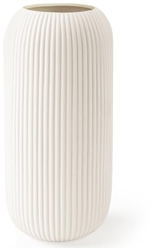 Ceramic Vase for Flowers – Modern Small Ribbed Textured Flower Vase for Home Decor, Pampas Grass, Decorative, Farmhouse, Coffee Table, Kitchen Centerpieces, Bookshelf and Home Living (White)