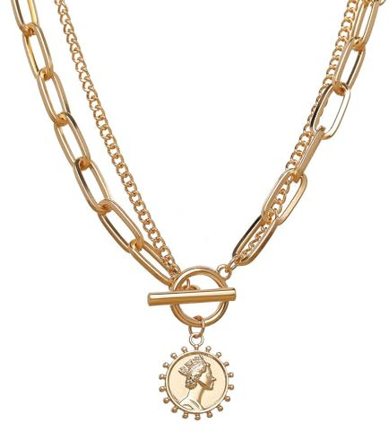 HSAJS Damen Kette Doppel Multilayer Halskette mit Coin Runden Anhänger Personalisierte Kette Schmuck Geburtstags Geschenk für Freundin Weihnachten Valentinstag (Gold)