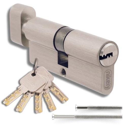 Cylindre avec bouton 35/35 mm avec 5 clés incluses, cylindre pour serrures à bouton robuste, y compris 2 vis, montable facilement, serrure pour porte et garage, longueur 70 mm