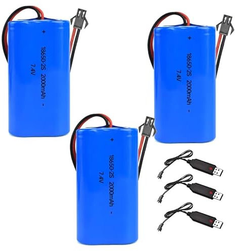 3 Stück 7,4 V 2000 mAh Li-Ion 18650 Akku Pack Ersatz Wiederaufladbarer Akku Pack mit SM-2P USB-Ladekabel für RC Flugzeug DIY, Angellichter, Türklingel usw.