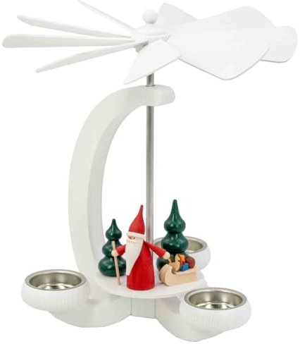 Seiffener Volkskunst | Erzgebirgische Weihnachtspyramide im eleganten Bogendesign in weiß | 23 cm | Handgefertigte Pyramide Erzgebirgspyramide | Weihnachtswichtel