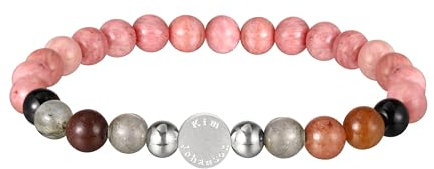 Kim Johanson® Damen Naturstein Armband mit Rhodochrosit, Onyx & Edelstahl Beads I Rosa Perlenarmband mit echten 6mm Edelsteinen I Elastisches Kugelarmband I Handgemacht I Wasserfest I Schmuckbeutel
