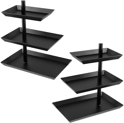 SINJEUN 2 Soportes para Frutas de 3 Pisos, Cuenco Giratorio de 360 °, Color Negro, Cuenco de Acero Inoxidable, 3 Pisos, Bandeja para Servir postres, Bodas, cumpleaños, Fiestas